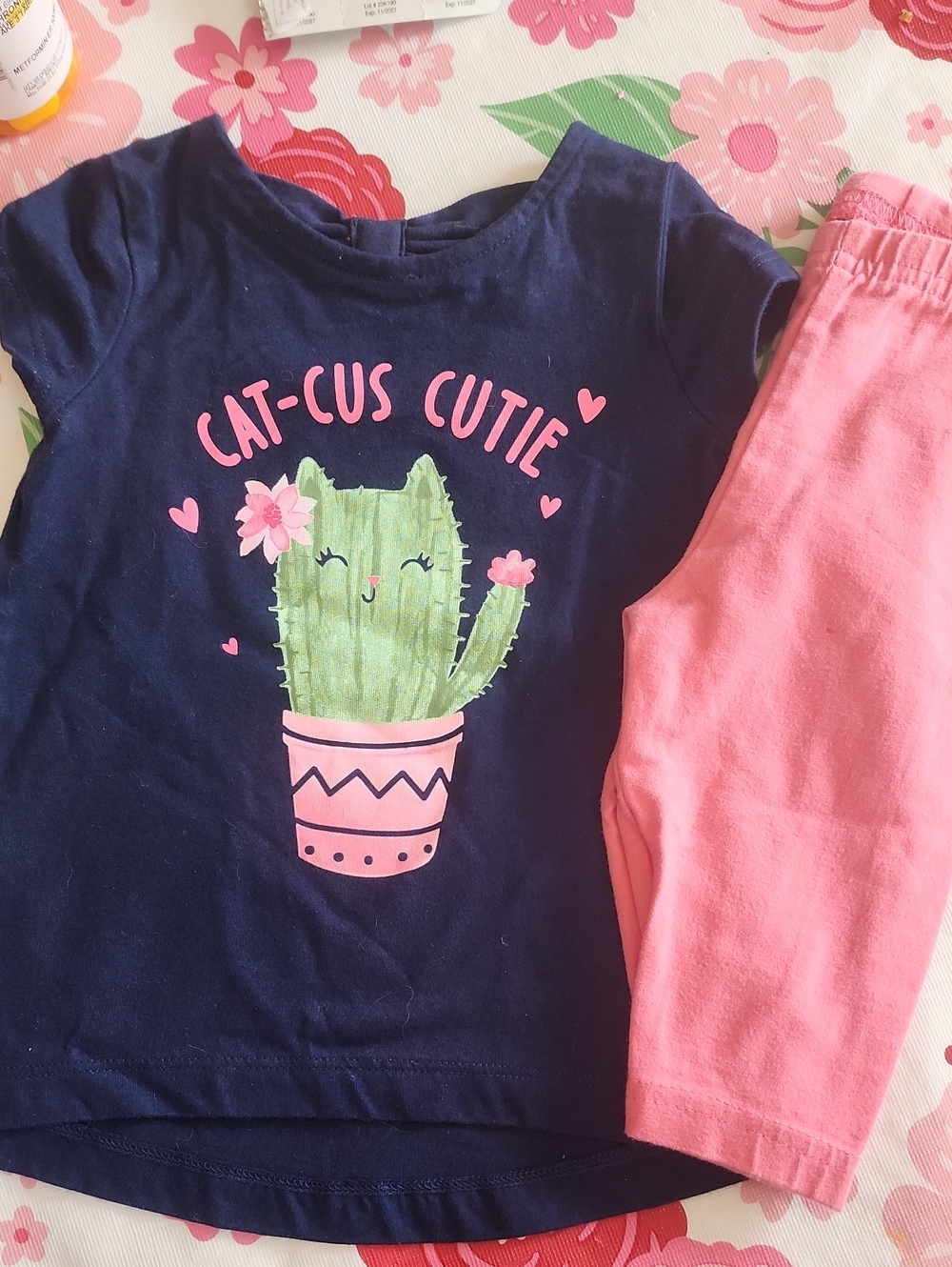9-12 Carter's Navy 'Cat-cus Cutie' Graphic Tee w/ Bow Back Detail & Pink Capri